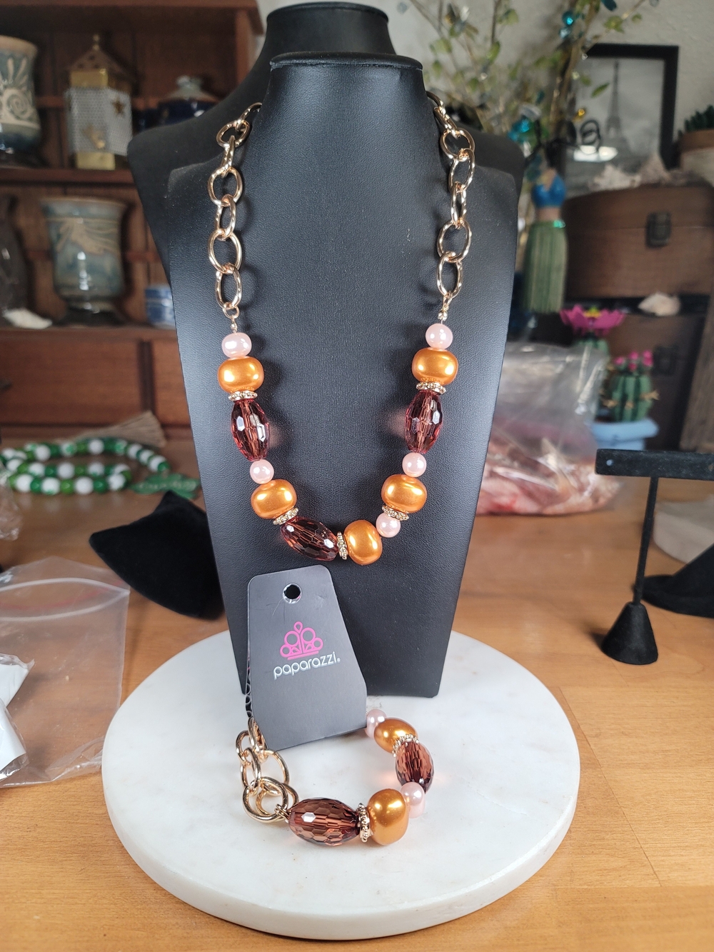Paparazzi Women’s Orange, Brown, and Pink Beaded Necklace and Bracelet Set